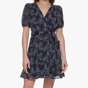 DKNY Embroidered Faux-Wrap Dress in Midnight Navy, Size 6